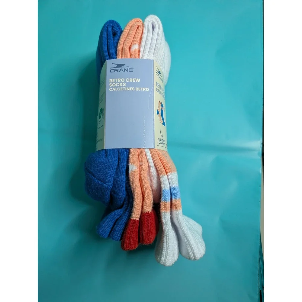 Crane Retro Crew Socks Womens 3 Pack Blue White Peach Stripes Stars Size 4-10